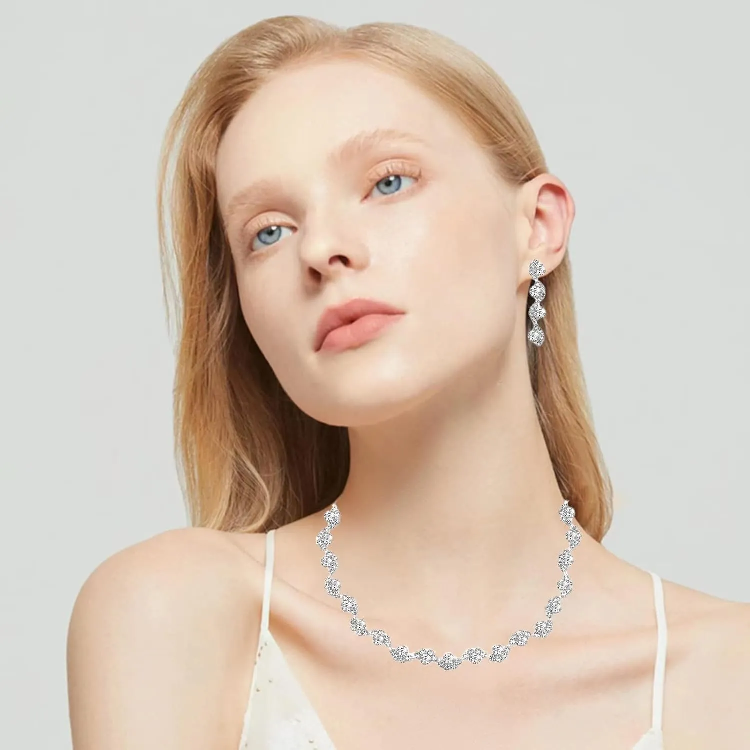 Silver Plated Elegant Necklace Earrings Bride Bridesmaid Jewelry Sets for Wedding Prom Crystal Jewelry Set for Women Costume Accessories