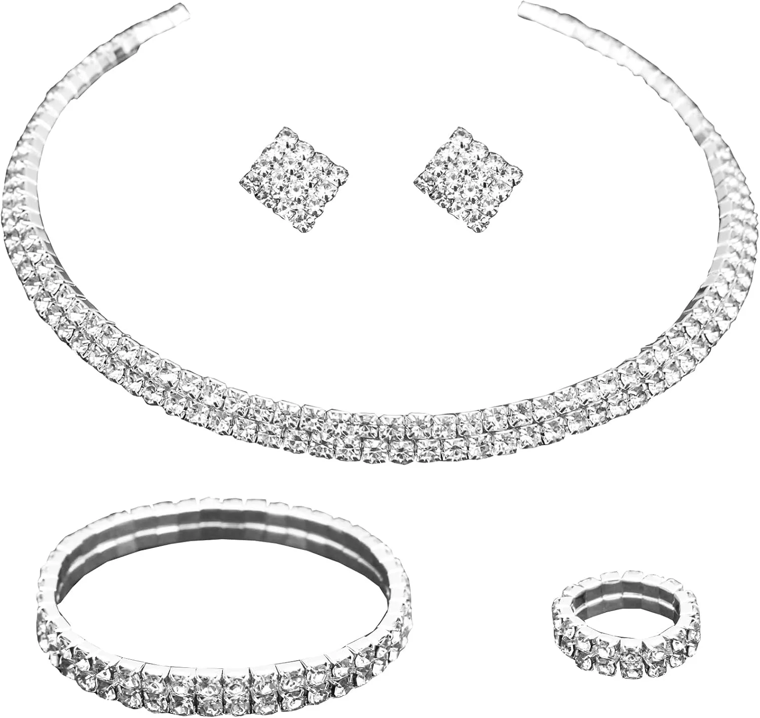 Silver Plated Elegant Necklace Earrings Bride Bridesmaid Jewelry Sets for Wedding Prom Crystal Jewelry Set for Women Costume Accessories
