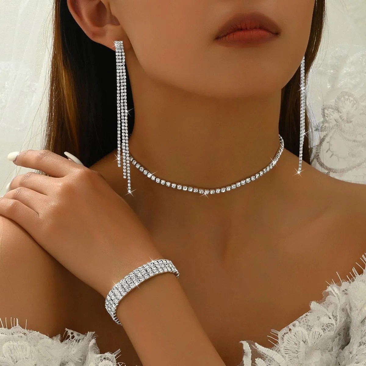 Silver Prom Jewelry Set for Women Elegant Crystal Rhinestone Necklace and Earrings Bracelet Prom Accessories Wedding Jewelry Sets for Brides