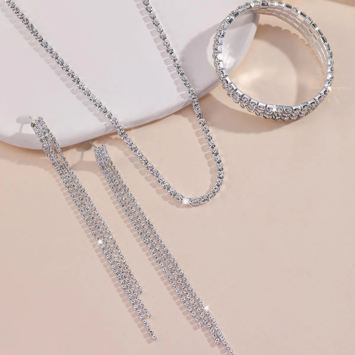 Silver Prom Jewelry Set for Women Elegant Crystal Rhinestone Necklace and Earrings Bracelet Prom Accessories Wedding Jewelry Sets for Brides