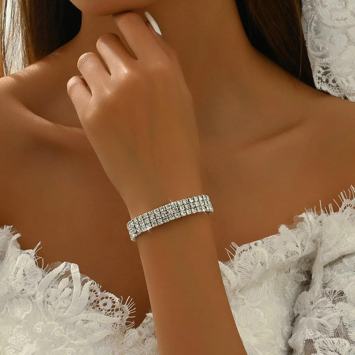 Silver Prom Jewelry Set for Women Elegant Crystal Rhinestone Necklace and Earrings Bracelet Prom Accessories Wedding Jewelry Sets for Brides