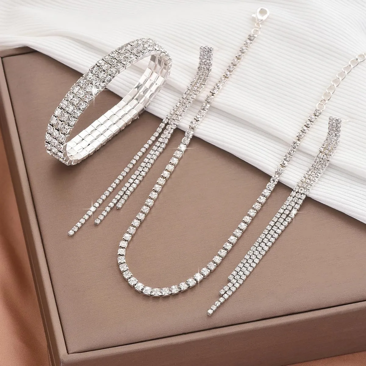 Silver Prom Jewelry Set for Women Elegant Crystal Rhinestone Necklace and Earrings Bracelet Prom Accessories Wedding Jewelry Sets for Brides