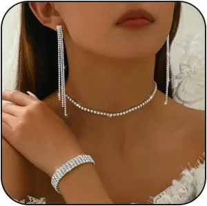 Silver Prom Jewelry Set for Women Elegant Crystal Rhinestone Necklace and Earrings Bracelet Prom Accessories Wedding Jewelry Sets for Brides