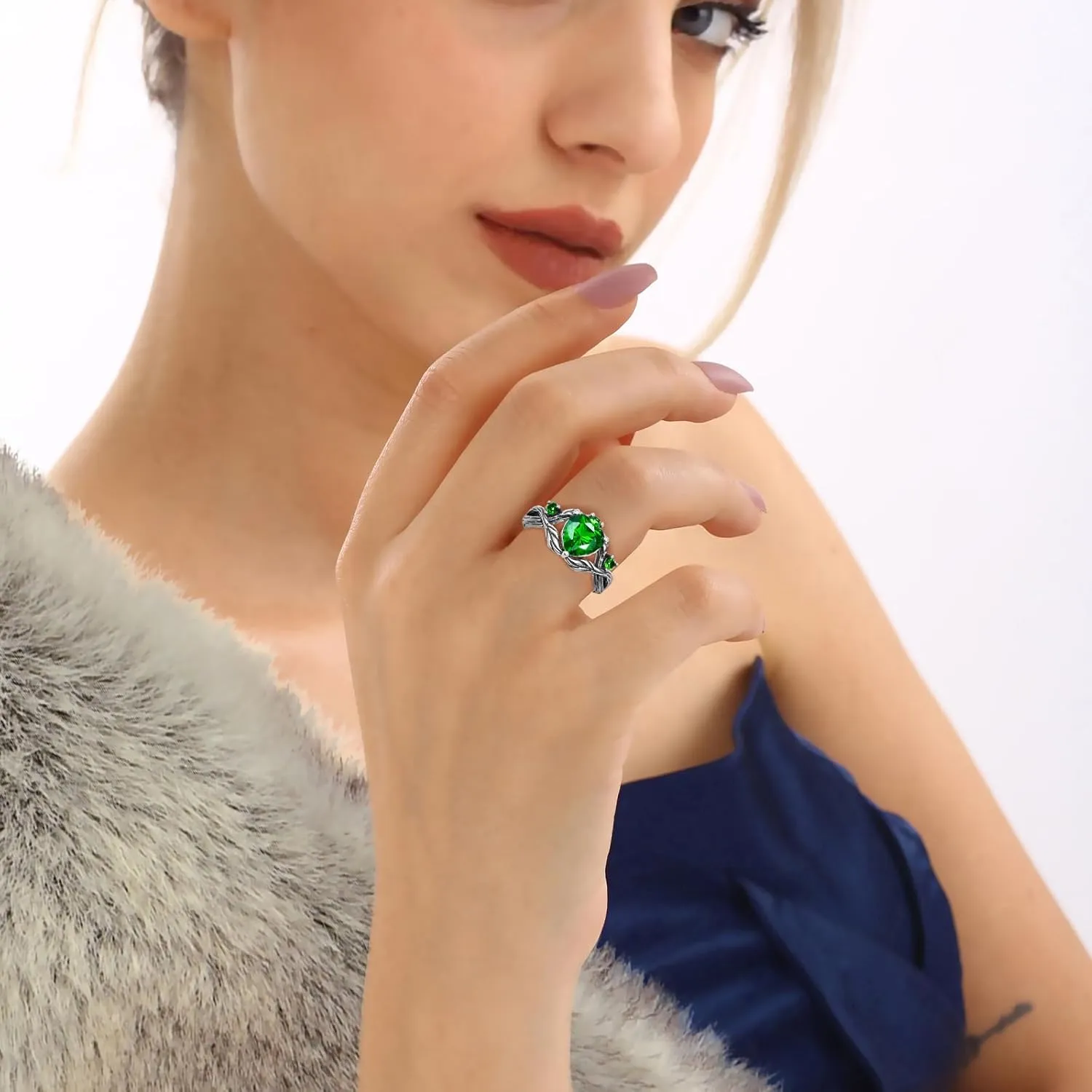 Silver Ring for Women Heart Cut Emerald/Moss Agate/Red Ruby Engagement Wedding Band Birthstone Jewelry Ring Gift for Love Mother Wife Bride Size 5-9