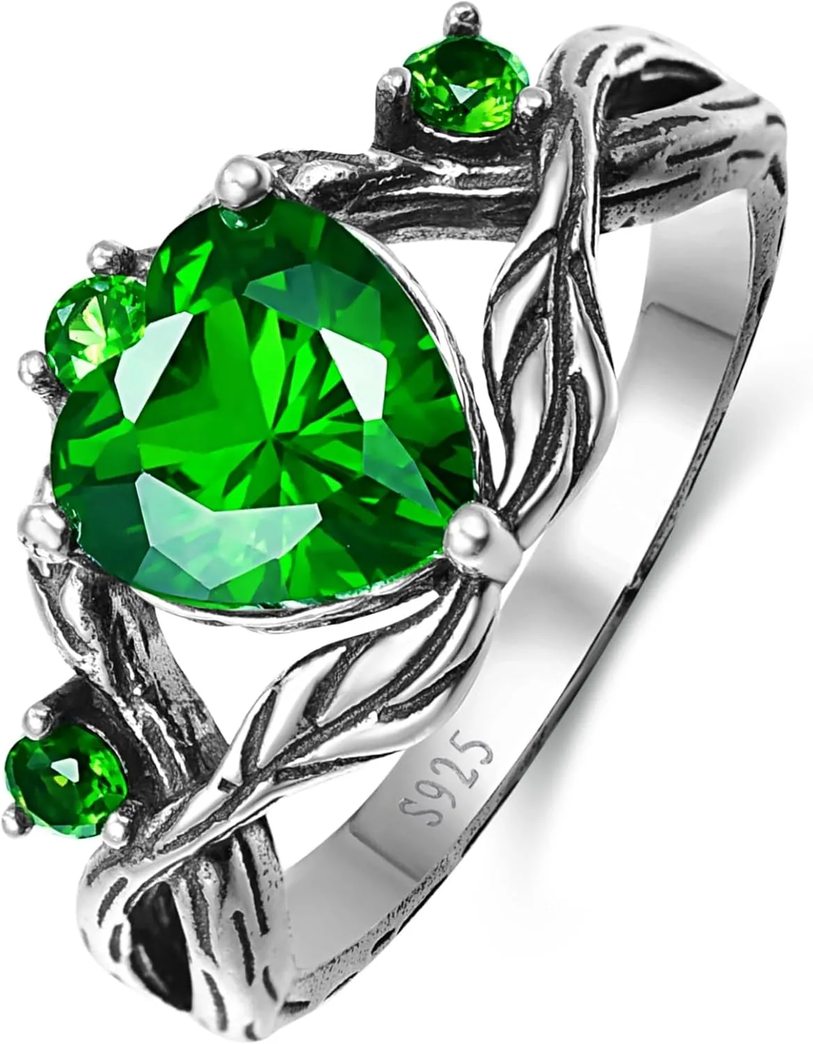 Silver Ring for Women Heart Cut Emerald/Moss Agate/Red Ruby Engagement Wedding Band Birthstone Jewelry Ring Gift for Love Mother Wife Bride Size 5-9