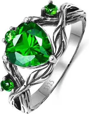 Silver Ring for Women Heart Cut Emerald/Moss Agate/Red Ruby Engagement Wedding Band Birthstone Jewelry Ring Gift for Love Mother Wife Bride Size 5-9