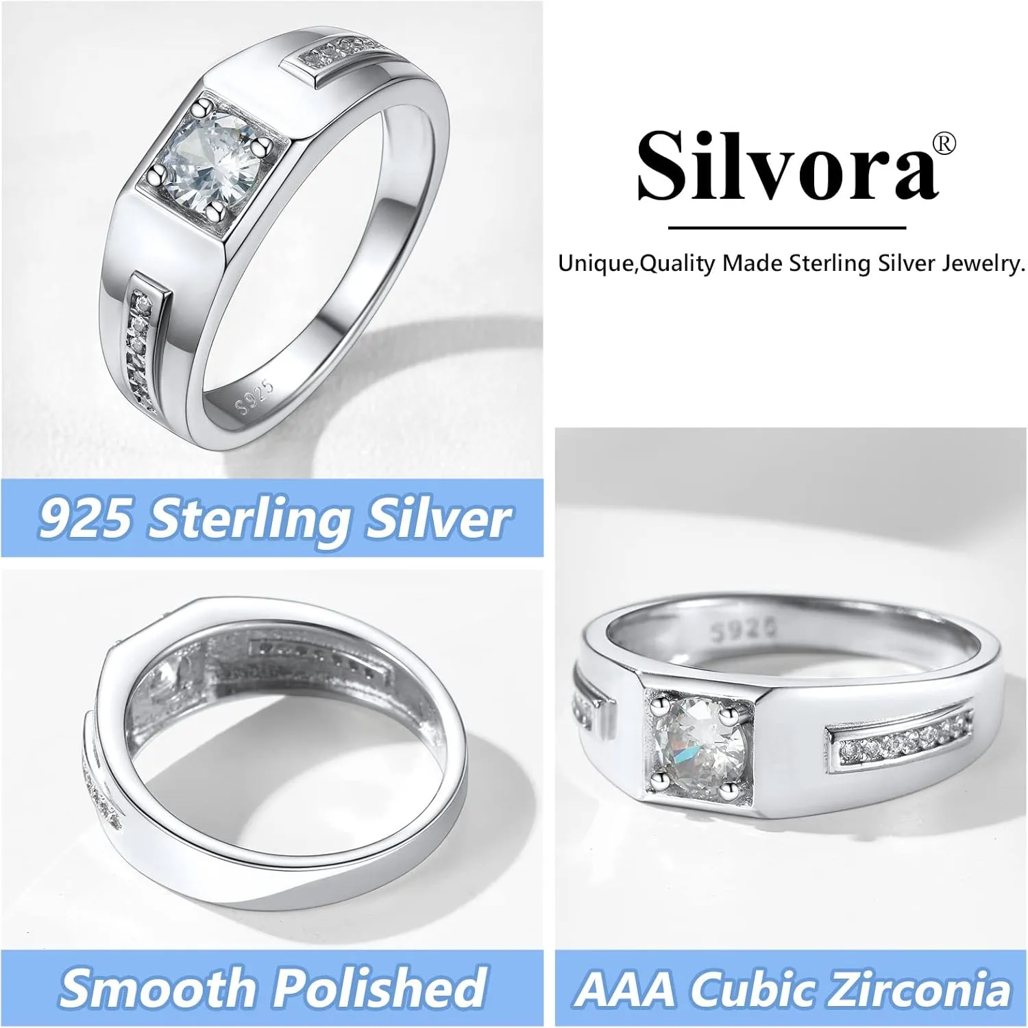 Silvora Sterling Silver Rings for Men Women, Shiny Cubic Zirconia Wedding Bands with Delicate Gift Packaging, Personalized Customizable