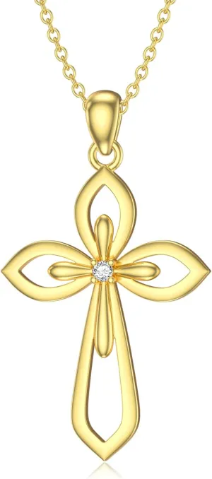SISGEM Solid 14K Gold Natural Diamond Cross Necklace for Women,14kt Yellow Gold Christian Cross Pendant Necklaces Religion Jewelry Gifts for Her Mom Wife,16-18