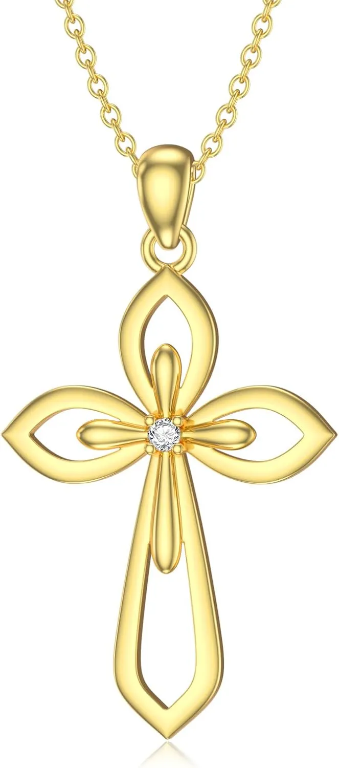 SISGEM Solid 14K Gold Natural Diamond Cross Necklace for Women,14kt Yellow Gold Christian Cross Pendant Necklaces Religion Jewelry Gifts for Her Mom Wife,16-18
