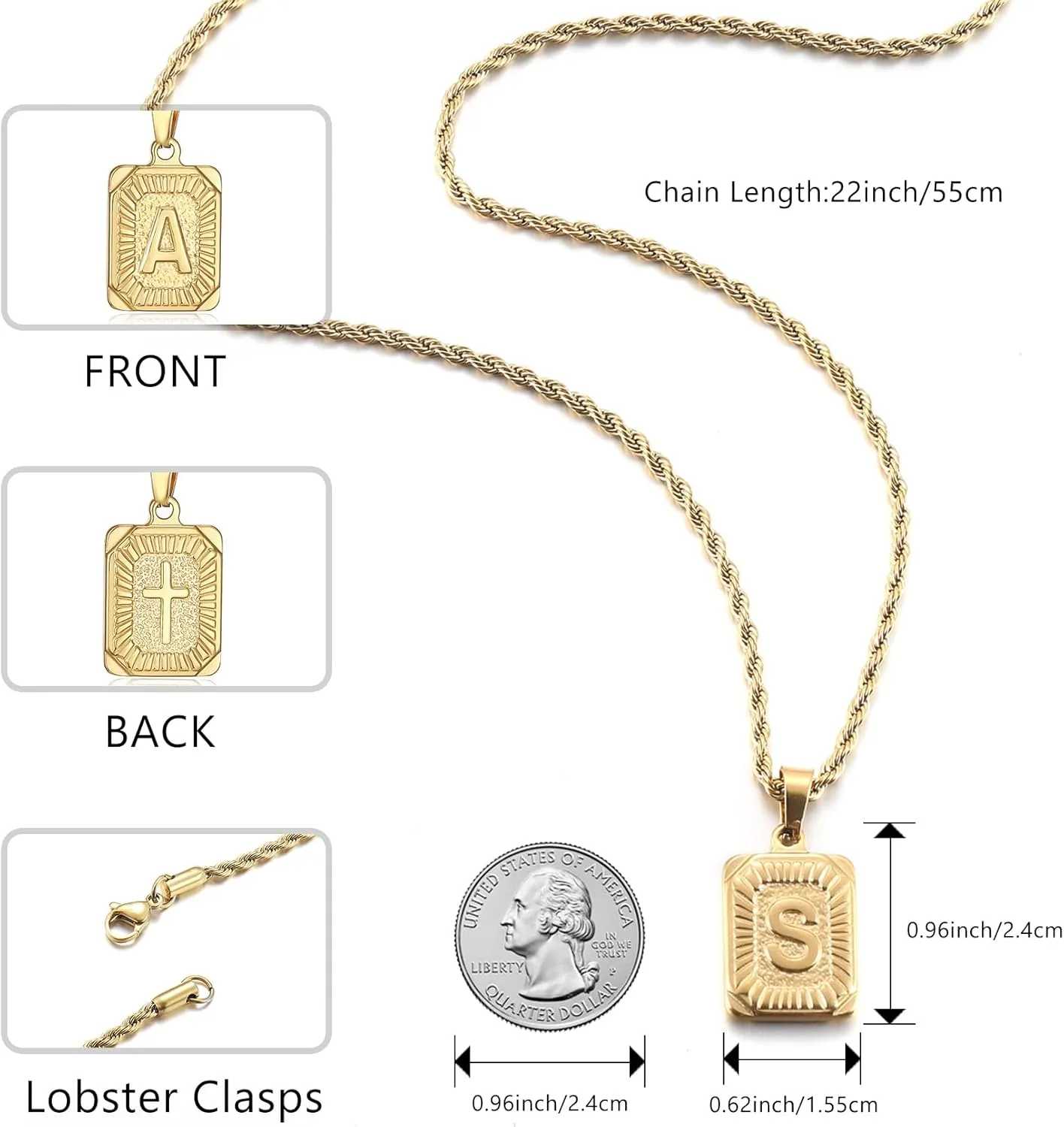 SKQIR initial Letter Necklaces for Men,Stainless Steel Plated A Z Square Pandent Letter Necklace for Women,Cross Necklace with Letter Chain Pendant for Boys Stocking Stuffers Christmas New Year Gifts for Men Women