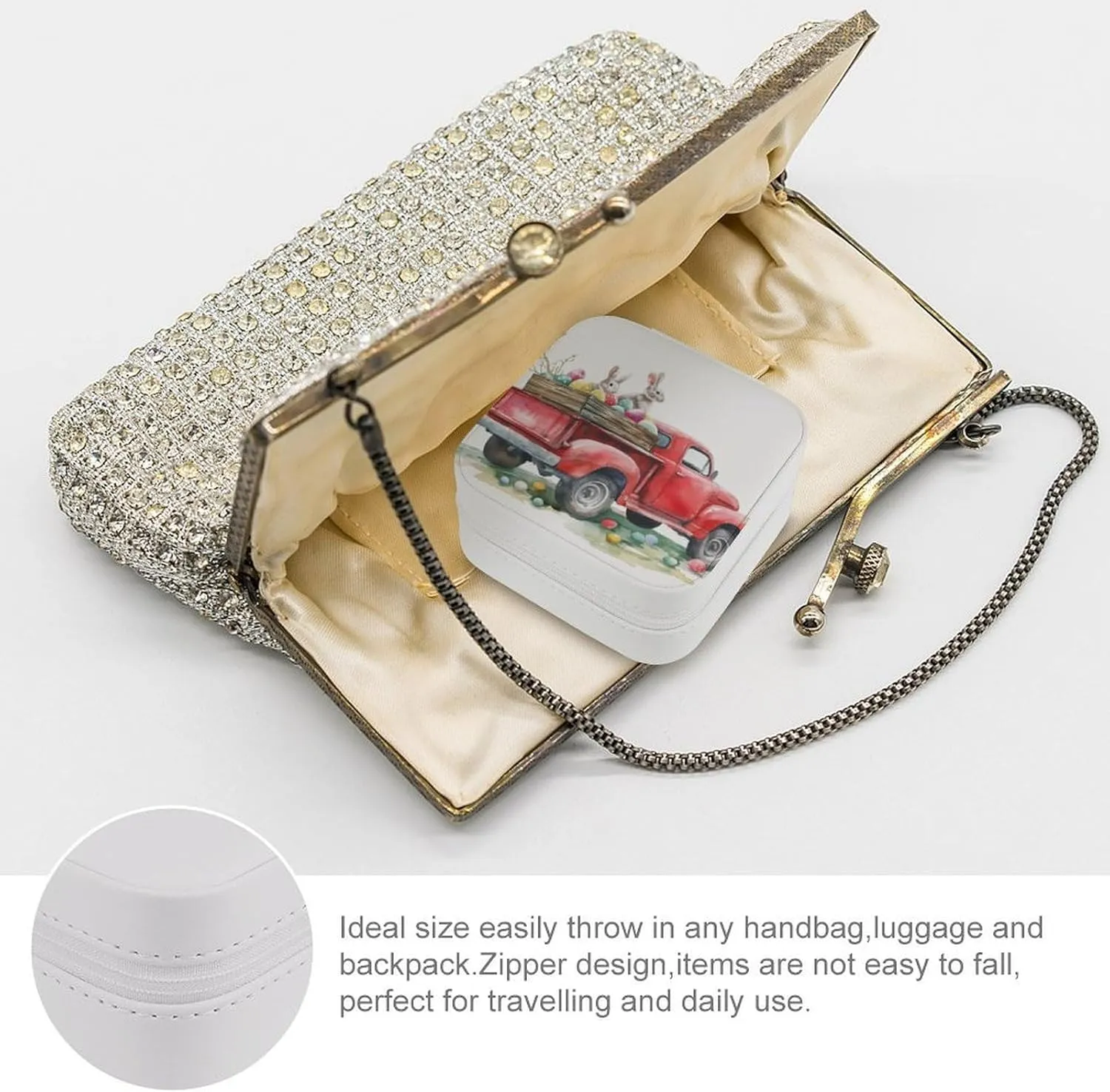 Small Cute Red Truck Travel Jewelry Case,Easter Bunnies And Easter Eggs Small Jewelry Box Jewelry Organizer Portable PU Leather Mini Jewelry Case for Girls Womens Earring Necklace Rings Bracelet