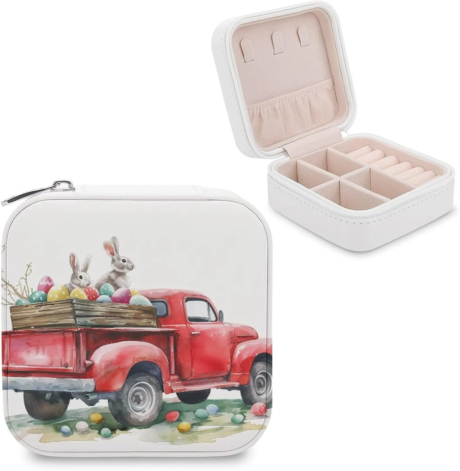 Small Cute Red Truck Travel Jewelry Case,Easter Bunnies And Easter Eggs Small Jewelry Box Jewelry Organizer Portable PU Leather Mini Jewelry Case for Girls Womens Earring Necklace Rings Bracelet