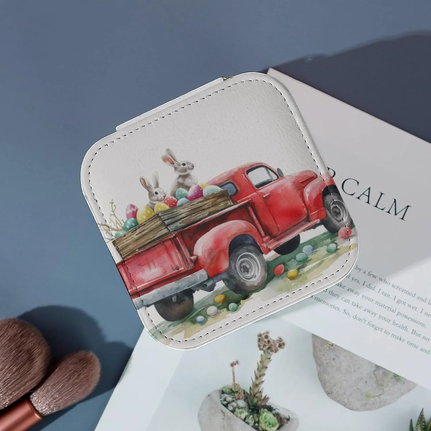 Small Cute Red Truck Travel Jewelry Case,Easter Bunnies And Easter Eggs Small Jewelry Box Jewelry Organizer Portable PU Leather Mini Jewelry Case for Girls Womens Earring Necklace Rings Bracelet