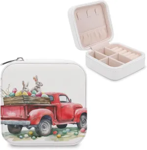 Small Cute Red Truck Travel Jewelry Case,Easter Bunnies And Easter Eggs Small Jewelry Box Jewelry Organizer Portable PU Leather Mini Jewelry Case for Girls Womens Earring Necklace Rings Bracelet