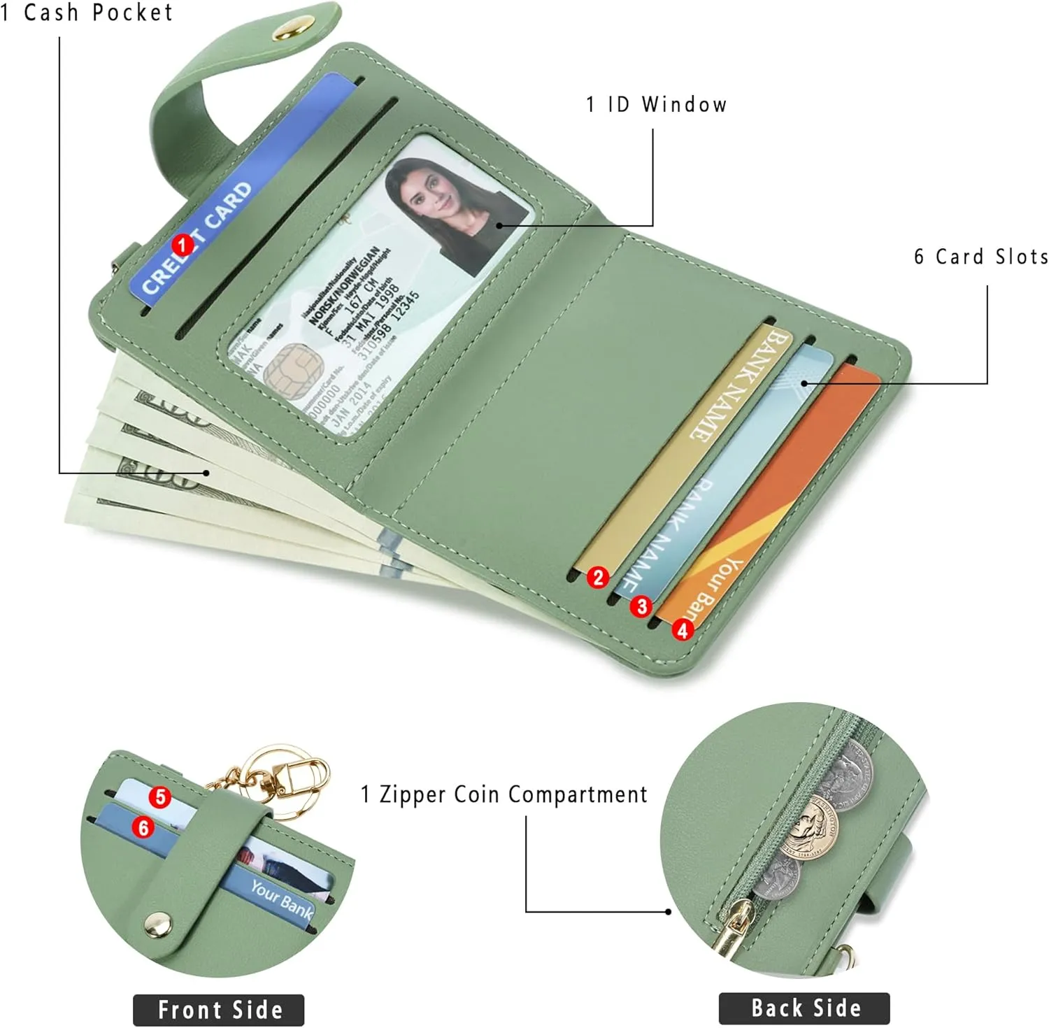Small Wallets Woman RFID Blocking Leather Credit Card Holder - with ID Window - Card Wallets for Women - with Zipper Coin Purse - Keychain Wallet