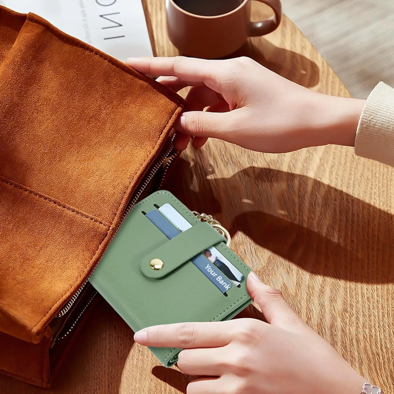 Small Wallets Woman RFID Blocking Leather Credit Card Holder - with ID Window - Card Wallets for Women - with Zipper Coin Purse - Keychain Wallet
