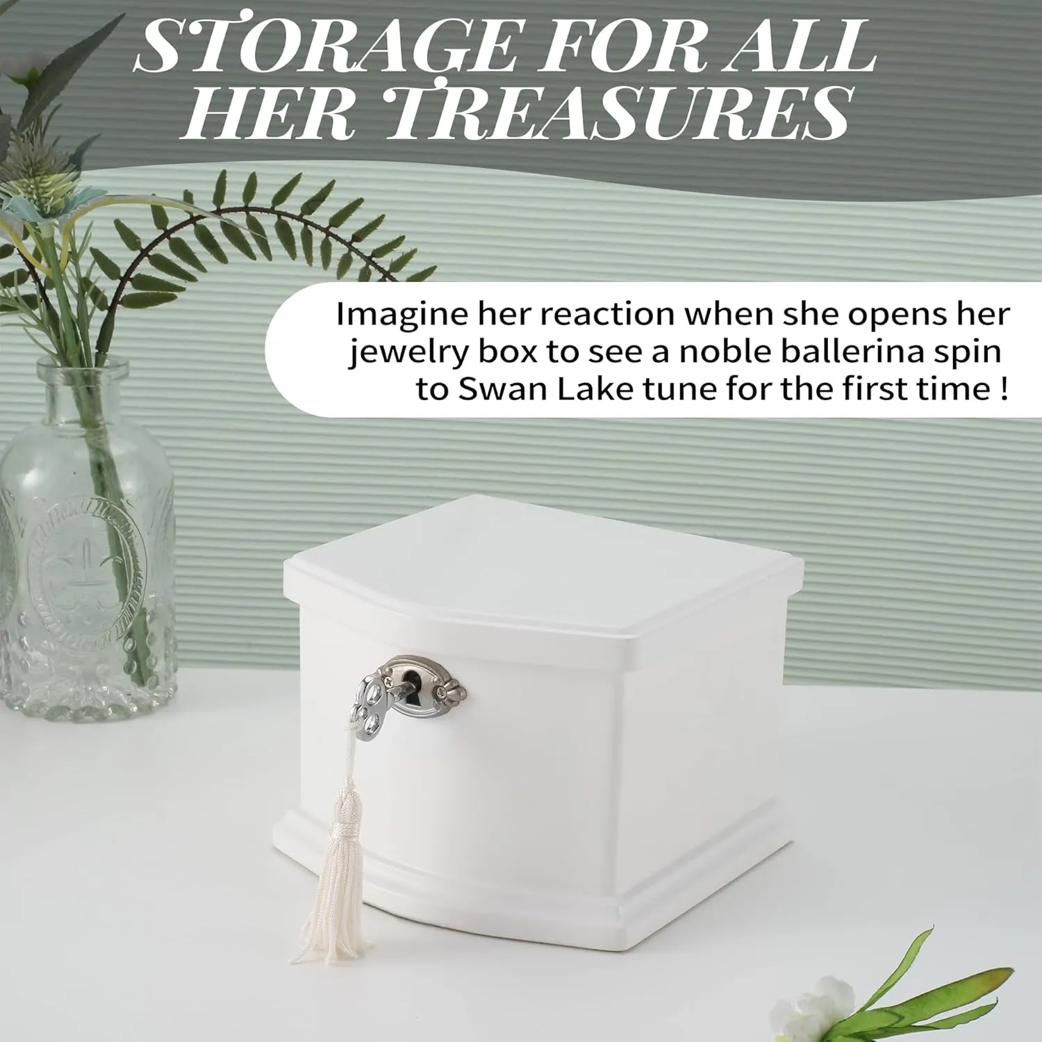 Small White Wooden Ballerina Musical Jewelry Box with Mirror and Lock for GirlsKid's Jewelry Storage Music Box, Gift for Christmas,New Year, Birthday