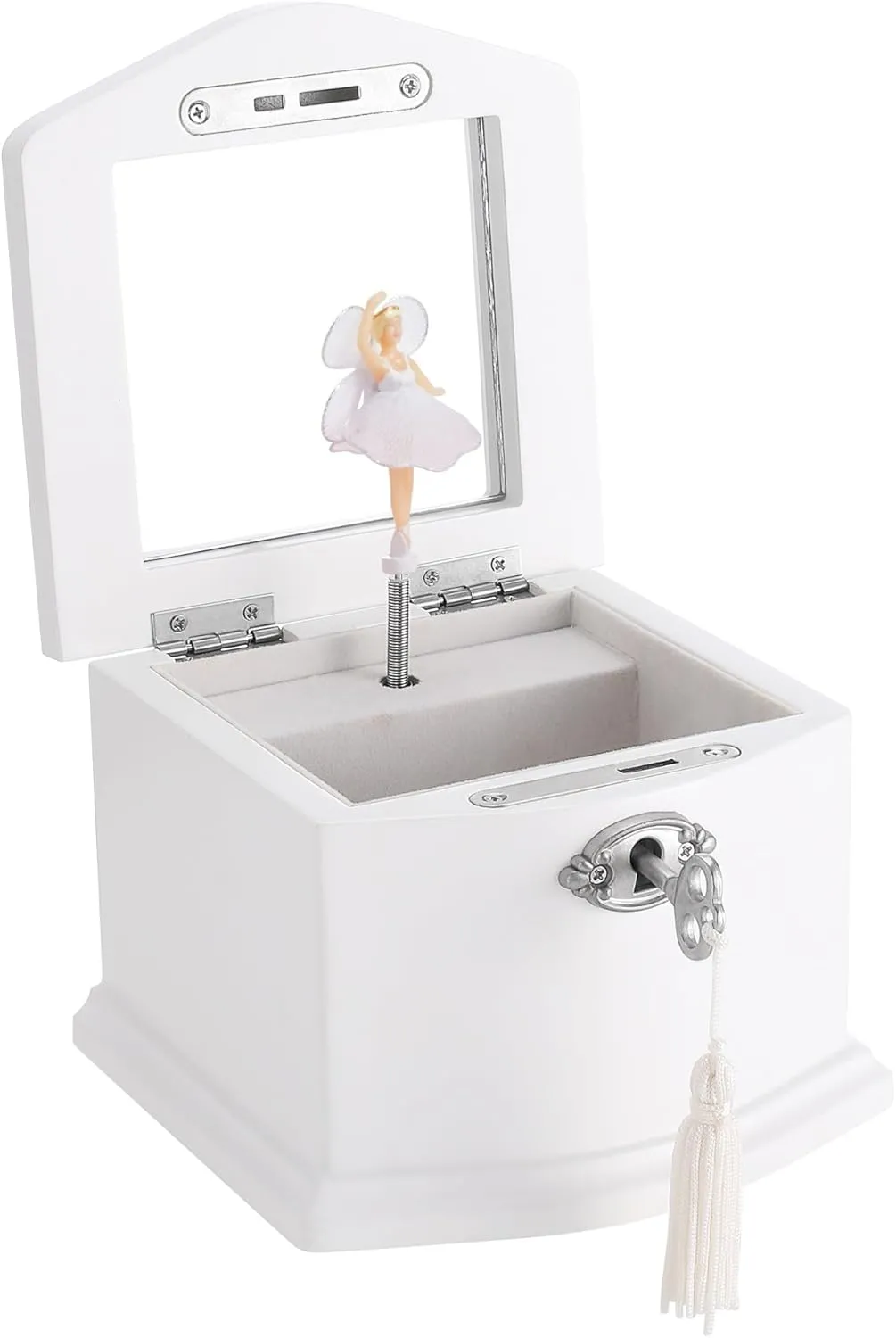 Small White Wooden Ballerina Musical Jewelry Box with Mirror and Lock for GirlsKid's Jewelry Storage Music Box, Gift for Christmas,New Year, Birthday