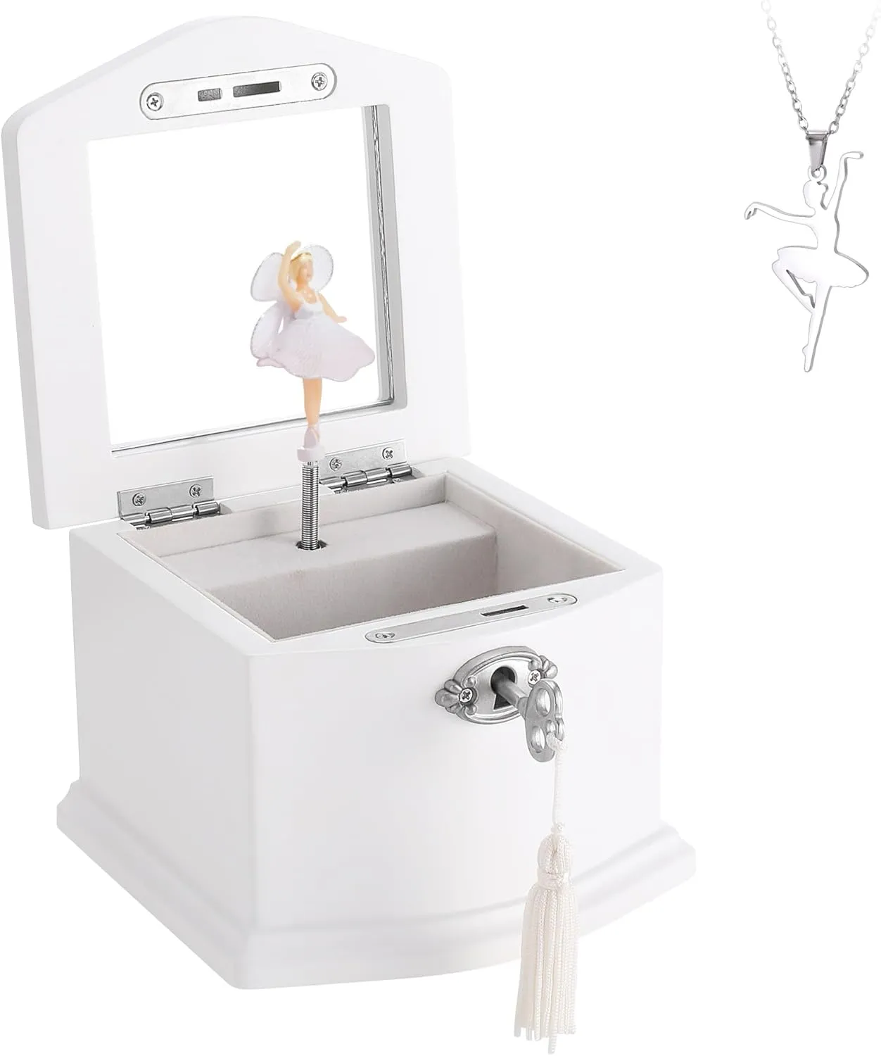 Small White Wooden Ballerina Musical Jewelry Box with Mirror and Lock for GirlsKid's Jewelry Storage Music Box, Gift for Christmas,New Year, Birthday