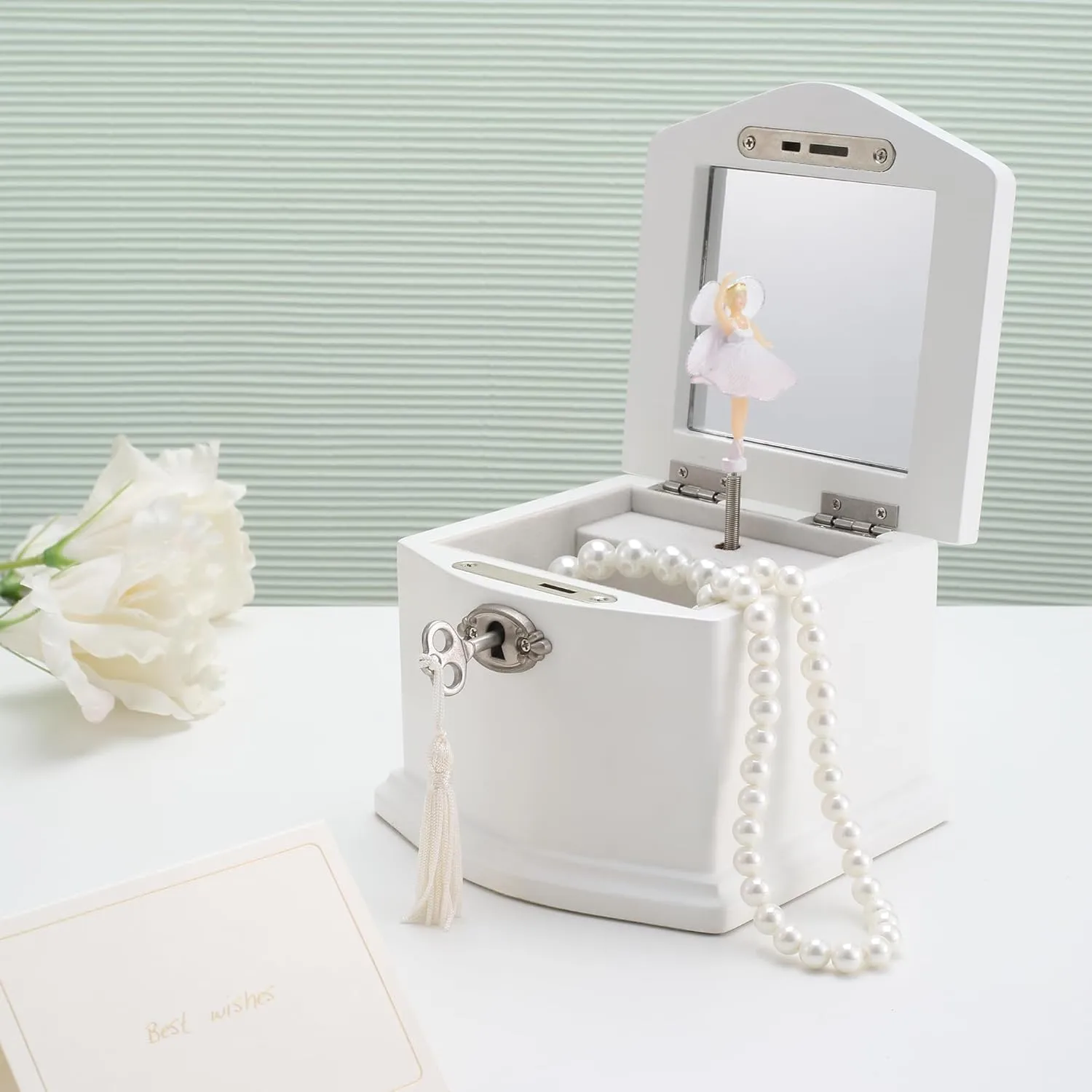 Small White Wooden Ballerina Musical Jewelry Box with Mirror and Lock for GirlsKid's Jewelry Storage Music Box, Gift for Christmas,New Year, Birthday