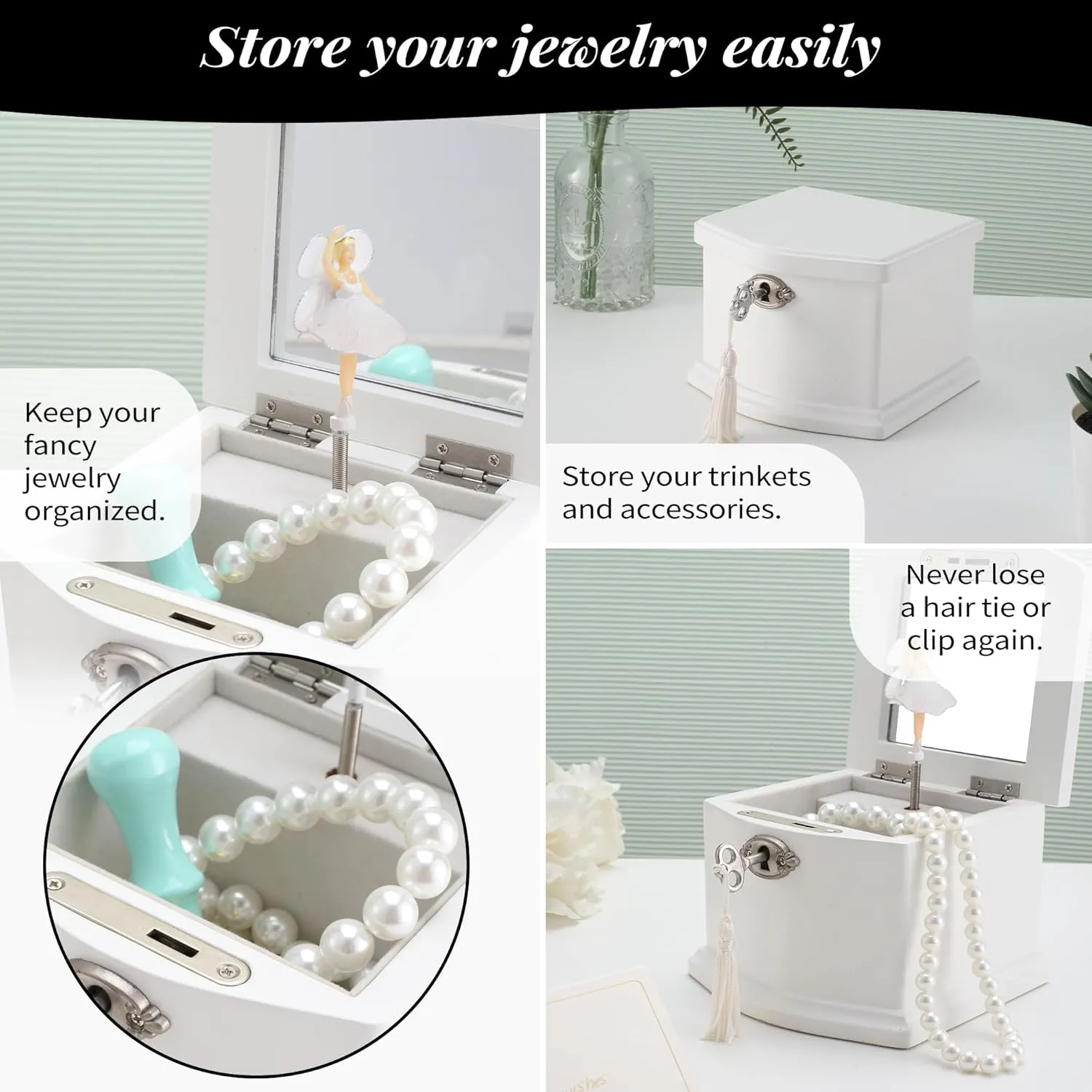Small White Wooden Ballerina Musical Jewelry Box with Mirror and Lock for GirlsKid's Jewelry Storage Music Box, Gift for Christmas,New Year, Birthday