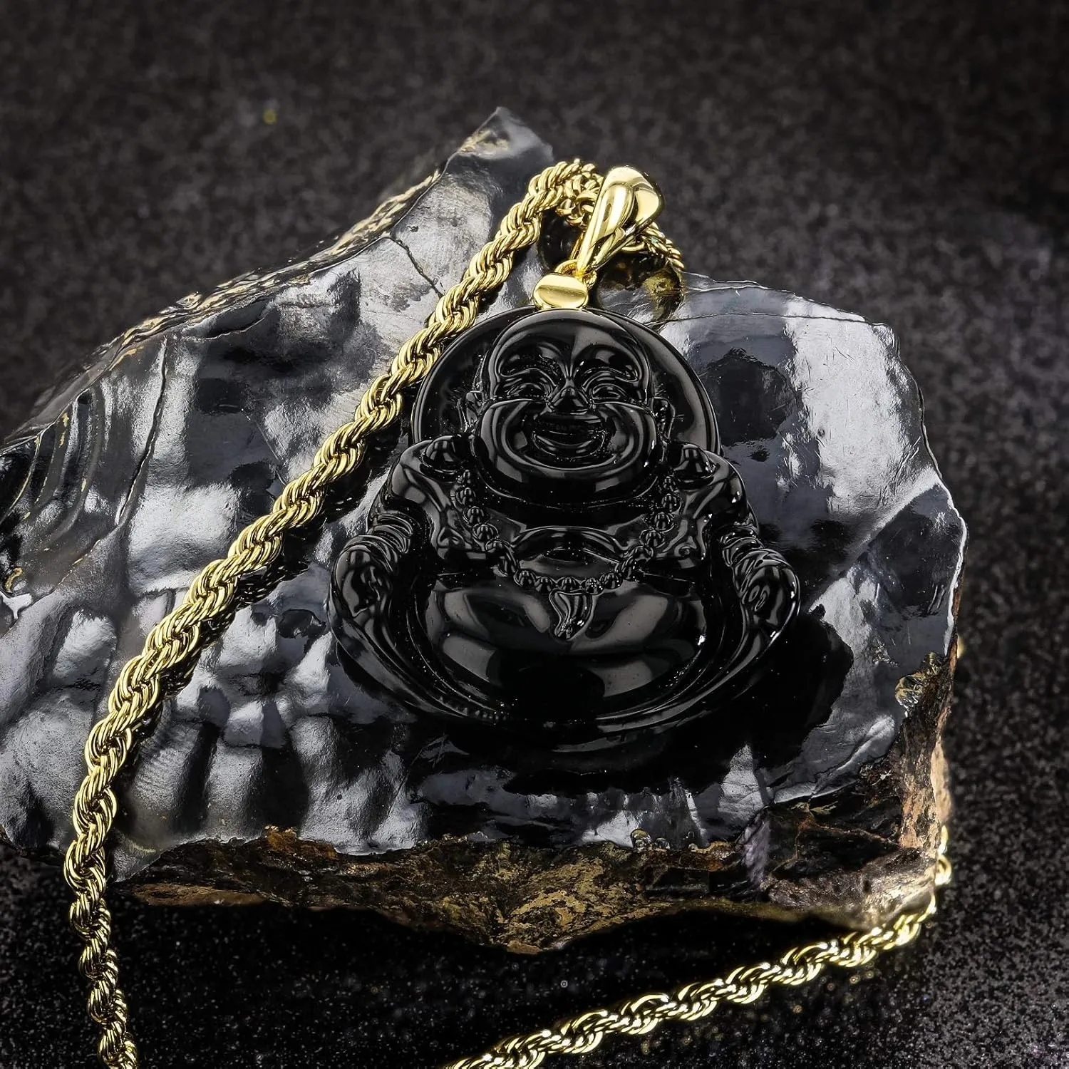 Smiling Laughing Buddha Black Jade Pendant Necklace Rope Chain Genuine Certified Grade A Jadeite Jade Hand Crafted, Jade Neckalce, 14k Gold Filled Buddha necklace, Jade Medallion