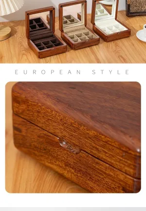 Solid Walnut Travel Jewelry Case with Mirror - Portable Wooden Organizer for Rings, Earrings, Cufflinks | Velvet Lined, Handmade Compact Storage
