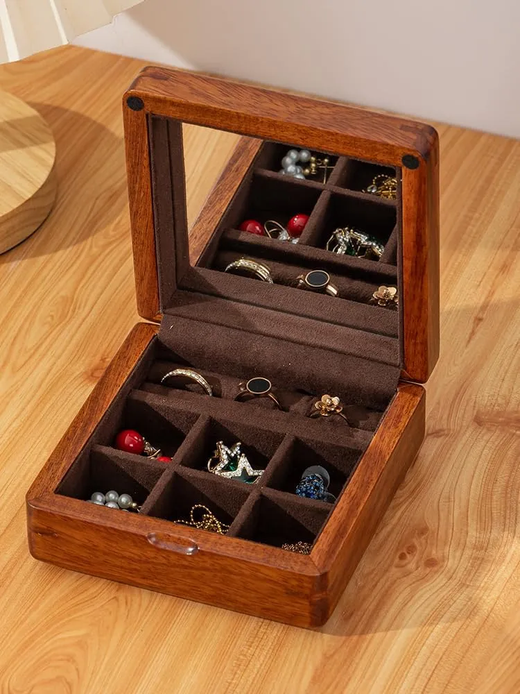 Solid Walnut Travel Jewelry Case with Mirror - Portable Wooden Organizer for Rings, Earrings, Cufflinks | Velvet Lined, Handmade Compact Storage