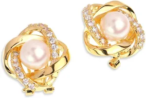 Sonateomber Gold Knot Stud Earrings for Women  Cute Elegant Rhinestone Pearl Love Knot Dome Earing 925 Sterling Silver Post Hypoallergenic Clip Bridal Wedding Prom Jewelry Gift