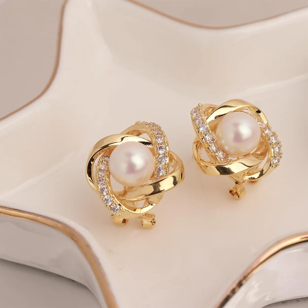 Sonateomber Gold Knot Stud Earrings for Women  Cute Elegant Rhinestone Pearl Love Knot Dome Earing 925 Sterling Silver Post Hypoallergenic Clip Bridal Wedding Prom Jewelry Gift