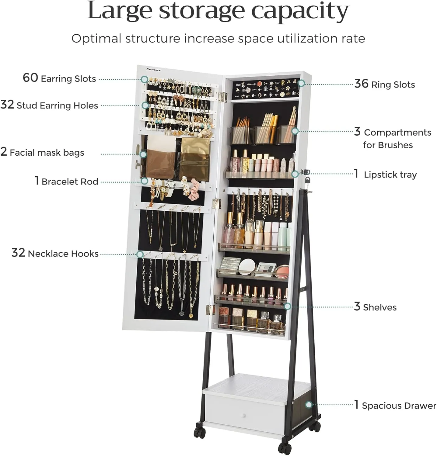SONGMICS Jewelry Cabinet Floor Standing, Lockable Jewelry Organizer with High Full-Length Mirror, Bottom Drawer, Shelf, Wheels, Jewelry Armoire, Gift Idea, Distressed White and Black UJJC004W01
