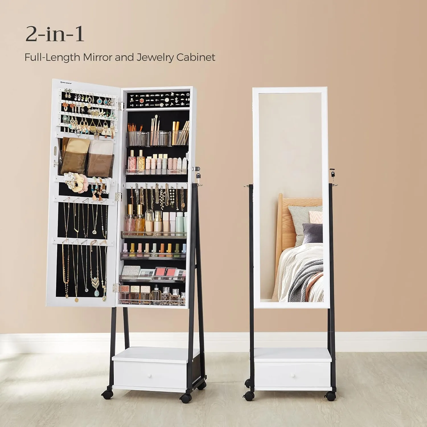 SONGMICS Jewelry Cabinet Floor Standing, Lockable Jewelry Organizer with High Full-Length Mirror, Bottom Drawer, Shelf, Wheels, Jewelry Armoire, Gift Idea, Distressed White and Black UJJC004W01