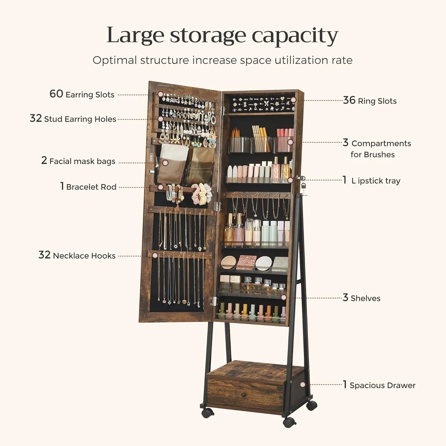SONGMICS Jewelry Cabinet Floor Standing, Lockable Jewelry Organizer with High Full-Length Mirror, Bottom Drawer, Shelf, Wheels, Jewelry Armoire, Gift Idea, Rustic Brown and Black UJJC004X01