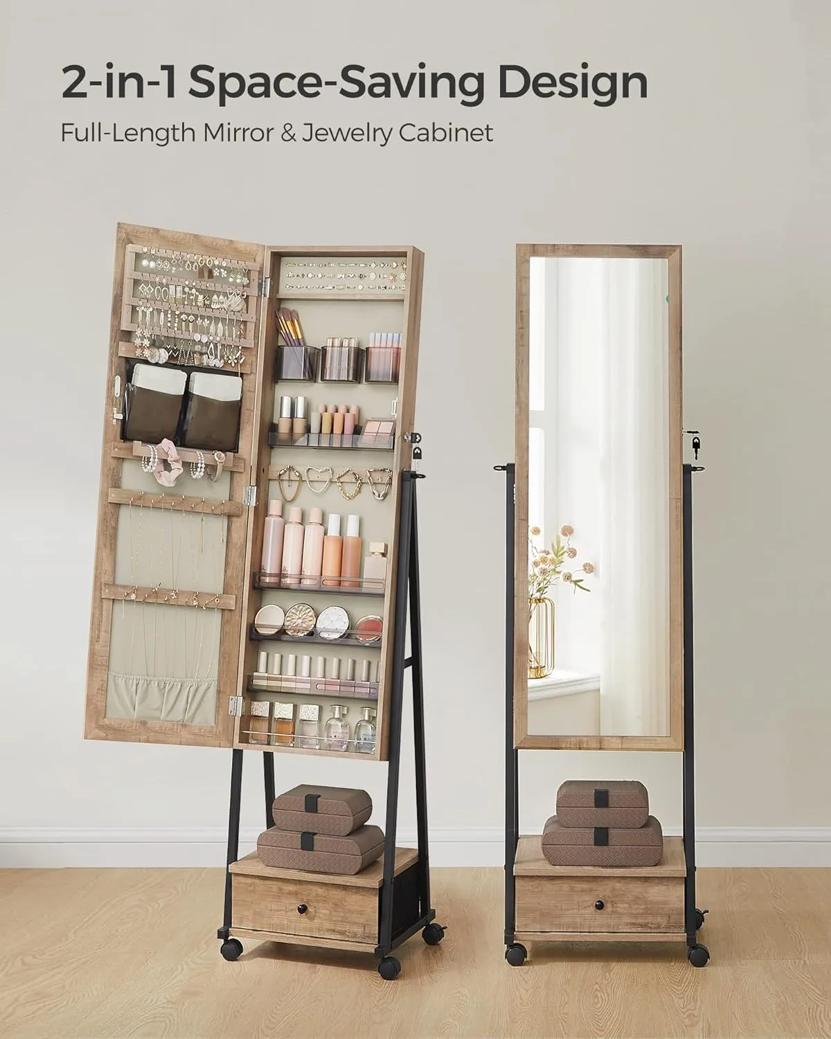 SONGMICS Jewelry Cabinet Floor Standing, Lockable Jewelry Organizer with High Full-Length Mirror, Bottom Drawer, Shelf, Wheels, Jewelry Armoire, Gift Idea, Toasted Oak Color and Black UJJC004N01