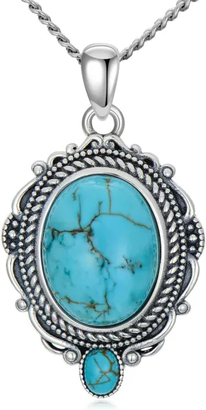 Southwest Style Genuine Turquoise Necklace Jewelry for Women 925 Sterling Silver Native American Vintage Oval Gemstones Pendant for Her Wife