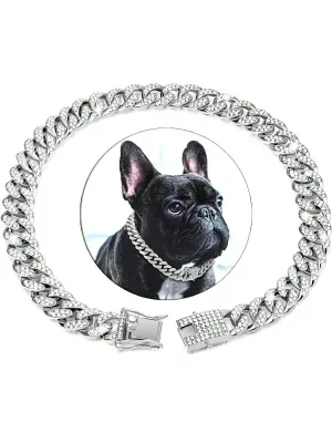Sparkling Diamondoid Dog Collar: Secure Metal Chain & Buckle for Stylish Walks!