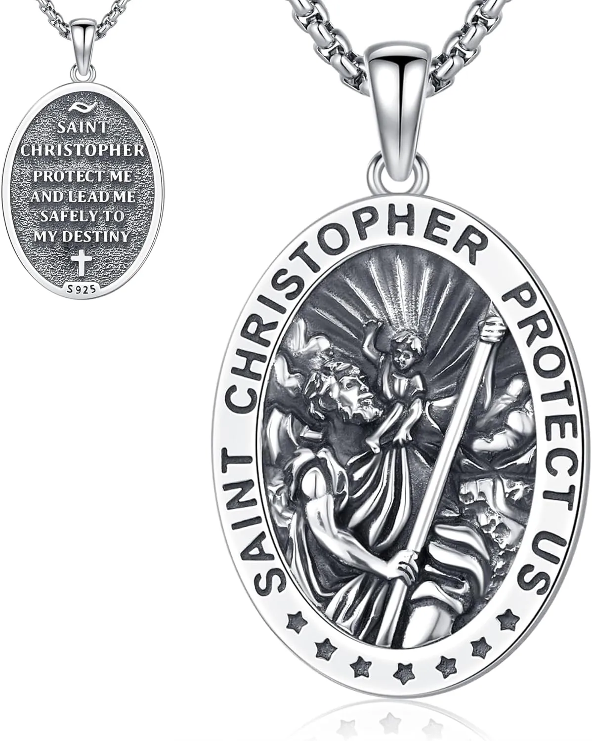 St Christopher Necklace Mens, 925 Sterling Silver for Traveler Patron Saint Christopher Medal Pendant Necklace for Women Father Brother Amulet Religious Jewelry Gifts
