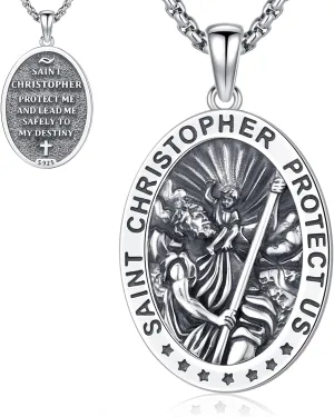 St Christopher Necklace Mens, 925 Sterling Silver for Traveler Patron Saint Christopher Medal Pendant Necklace for Women Father Brother Amulet Religious Jewelry Gifts
