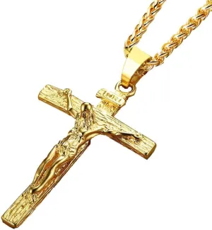 Stainless Steel Antique Cross Crucifix Pendant Necklace For Men 24 Inch