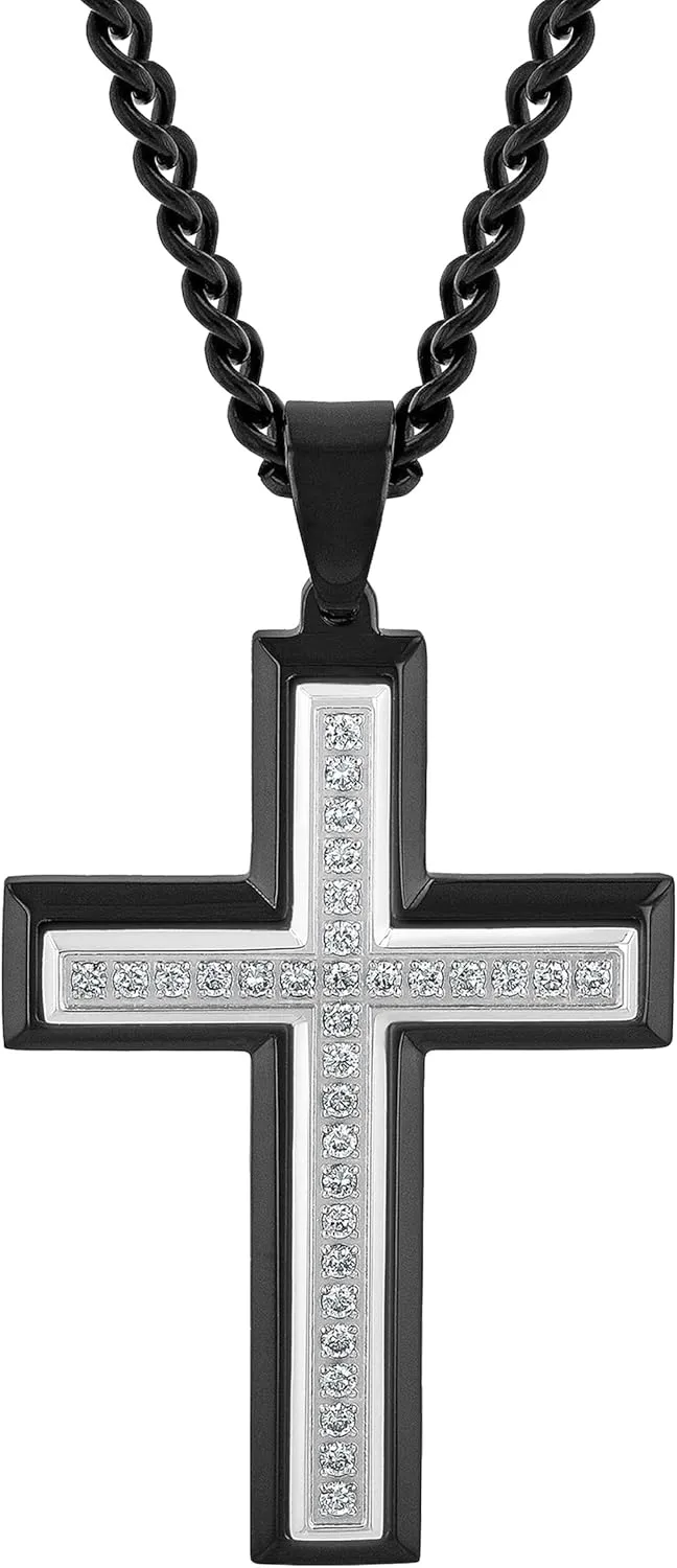 Stainless Steel Cross Mens Pendant on 24" Twisted Curb Chain Necklace - Black