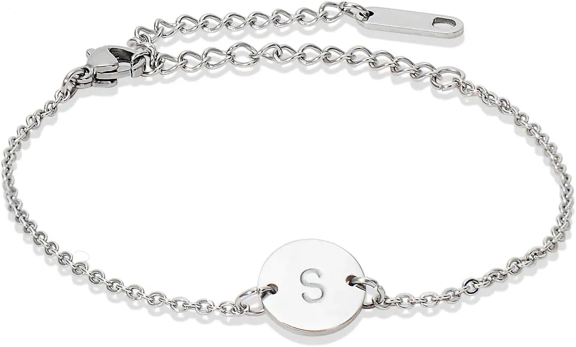 Stainless Steel Initial Bracelet Delicate Coin Letter Bracelet Dainty Small Disc Name Bracelet Personalized Monogram Charm Bracelet for Women