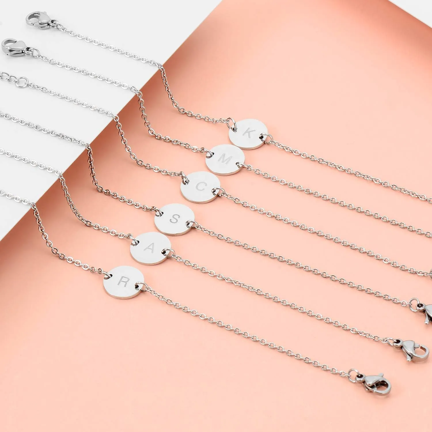 Stainless Steel Initial Bracelet Delicate Coin Letter Bracelet Dainty Small Disc Name Bracelet Personalized Monogram Charm Bracelet for Women
