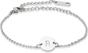Stainless Steel Initial Bracelet Delicate Coin Letter Bracelet Dainty Small Disc Name Bracelet Personalized Monogram Charm Bracelet for Women