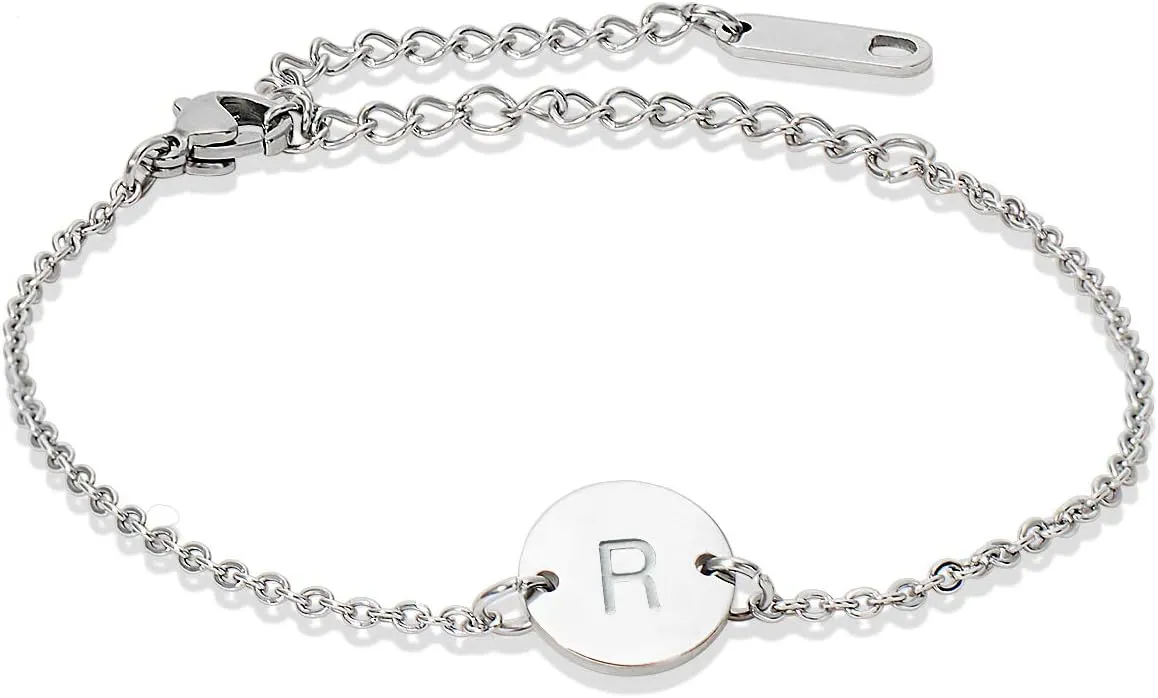 Stainless Steel Initial Bracelet Delicate Coin Letter Bracelet Dainty Small Disc Name Bracelet Personalized Monogram Charm Bracelet for Women