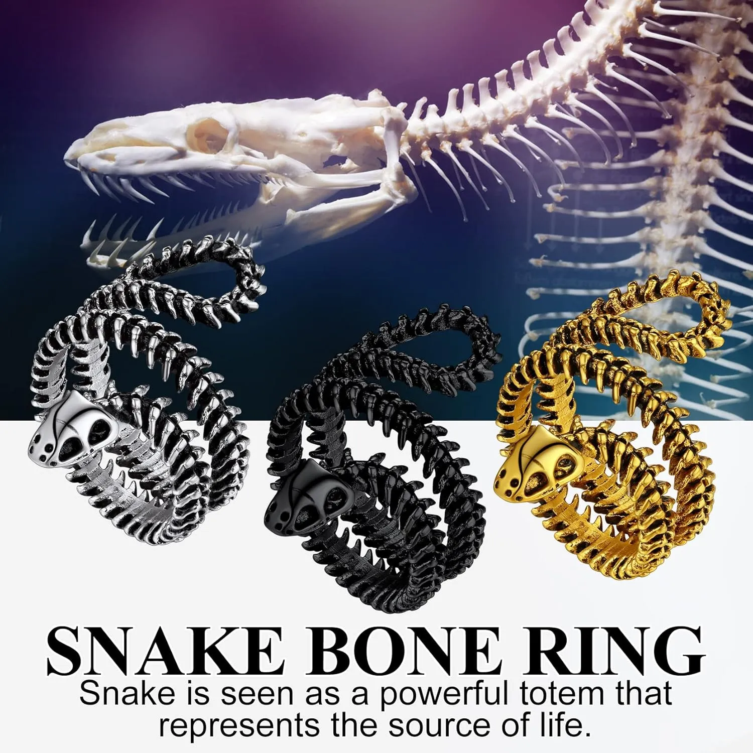 Stainless Steel/Gold Plated/Black Snake Vertebrae Looped Bone Cast Ring Biker Rings for Men Women Punk Gothic Jewelry(with Gift Box)