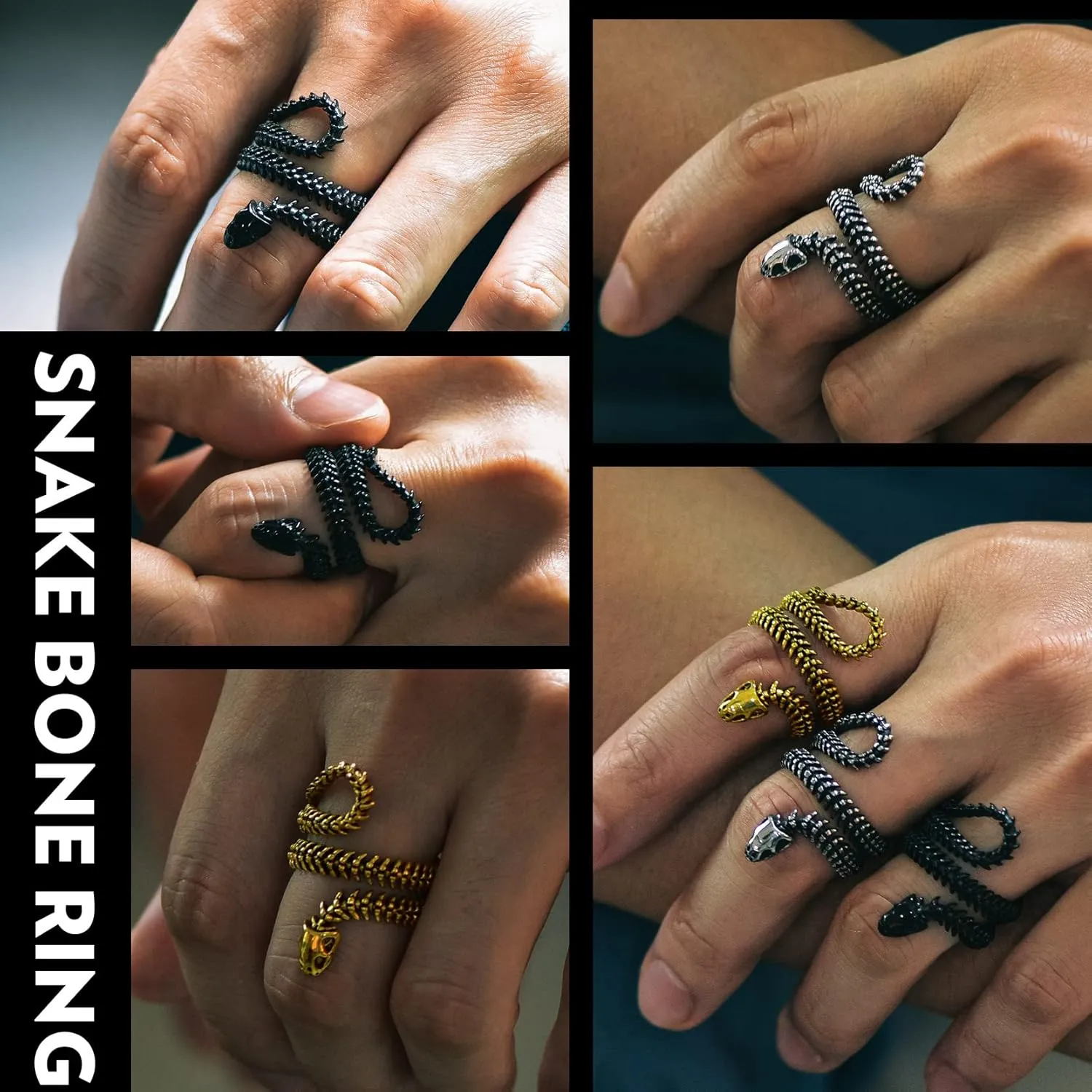 Stainless Steel/Gold Plated/Black Snake Vertebrae Looped Bone Cast Ring Biker Rings for Men Women Punk Gothic Jewelry(with Gift Box)