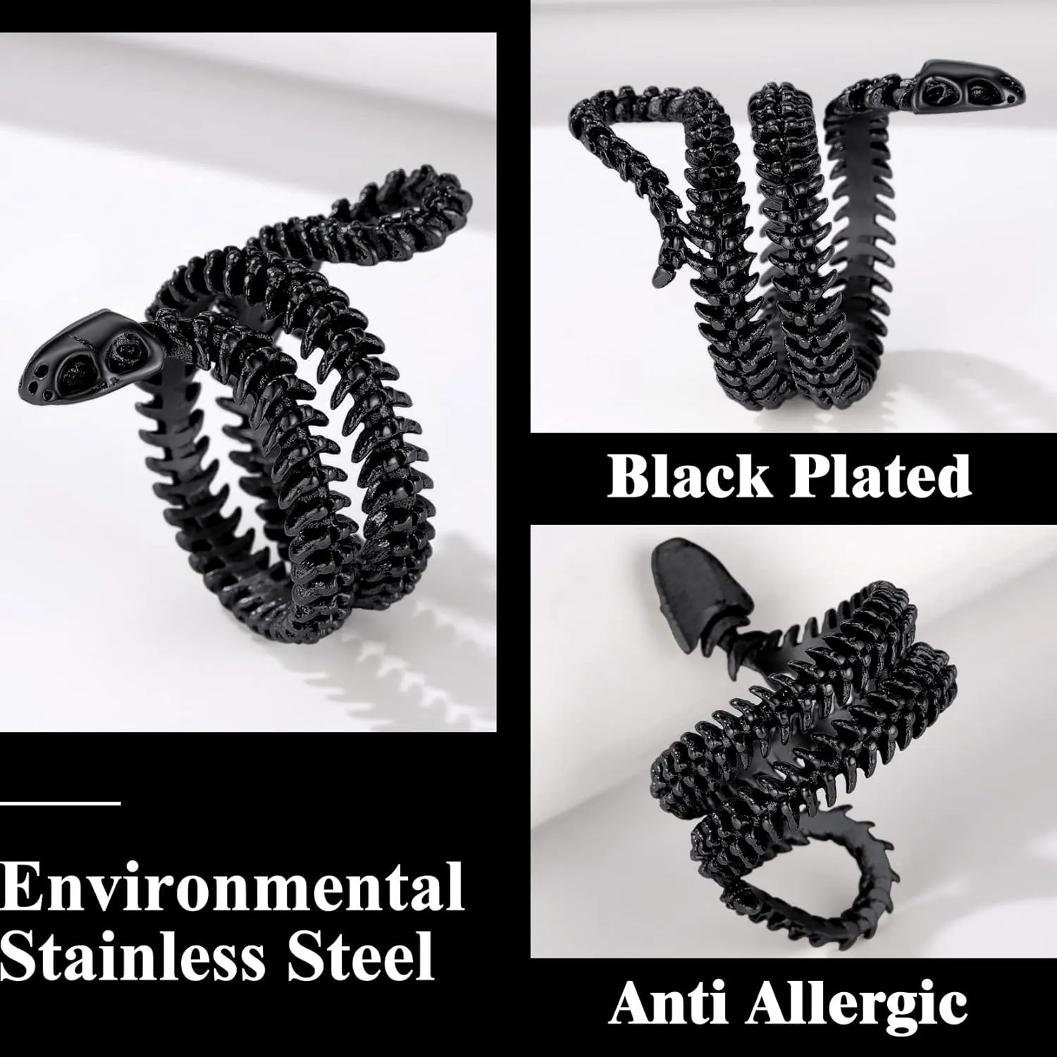 Stainless Steel/Gold Plated/Black Snake Vertebrae Looped Bone Cast Ring Biker Rings for Men Women Punk Gothic Jewelry(with Gift Box)