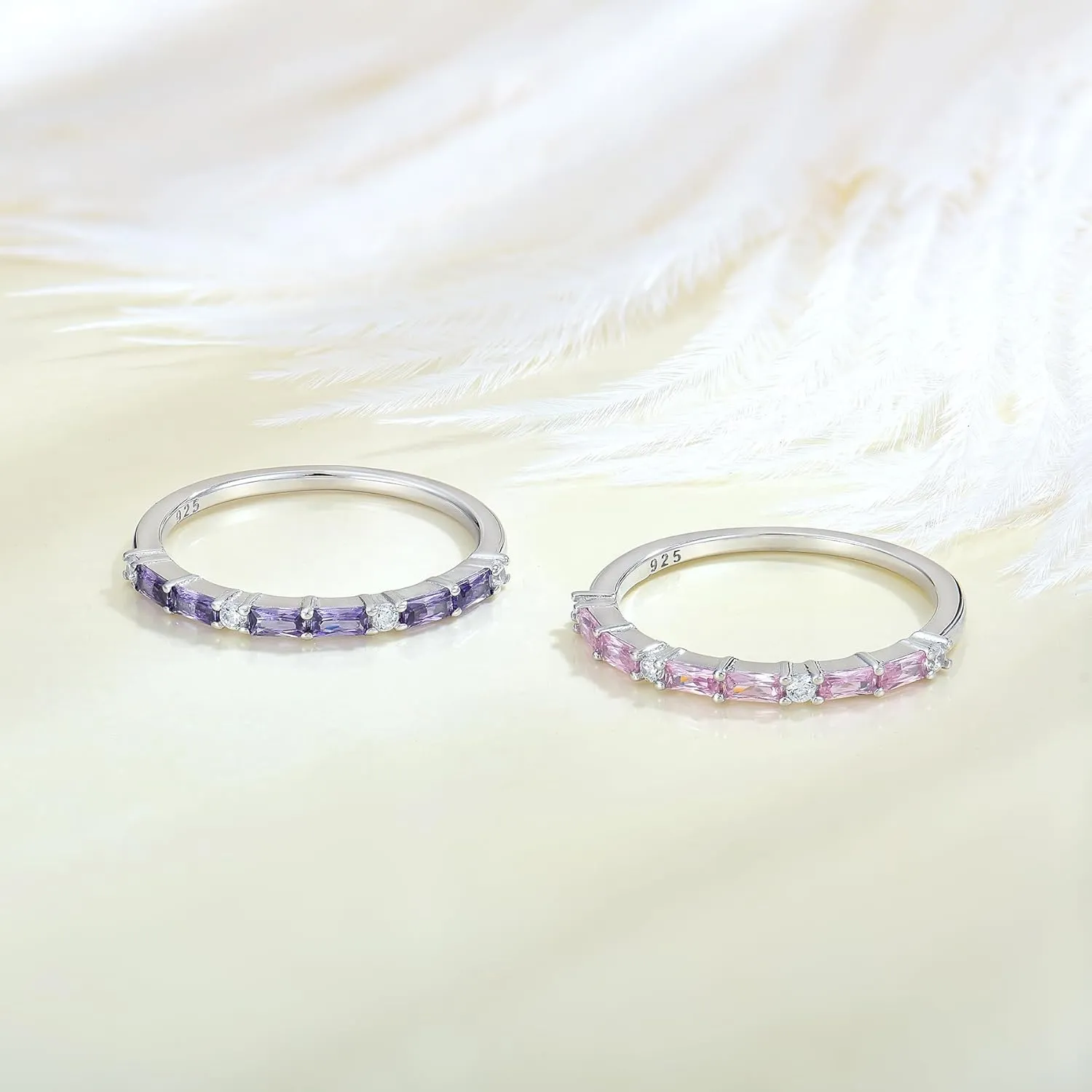 STARCHENIE 925 Sterling Silver Thin Eternity Ring for Women Half Baguette Band Birthstone Stackable Rings Size 5-10