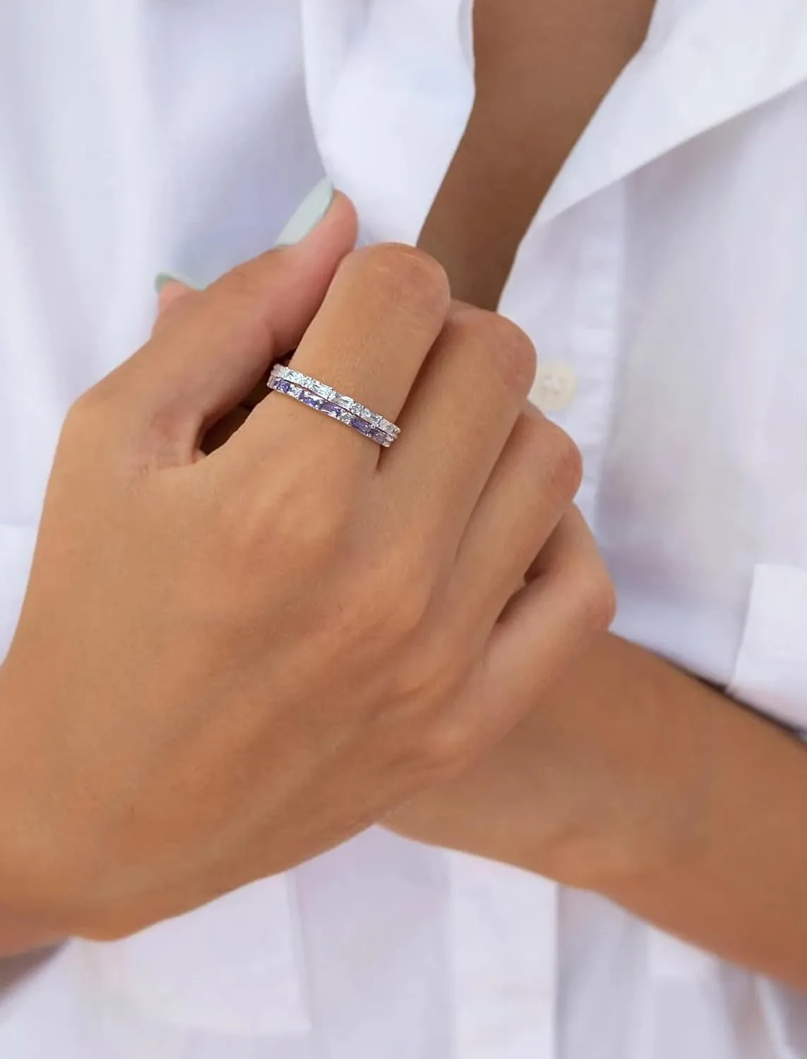 STARCHENIE 925 Sterling Silver Thin Eternity Ring for Women Half Baguette Band Birthstone Stackable Rings Size 5-10