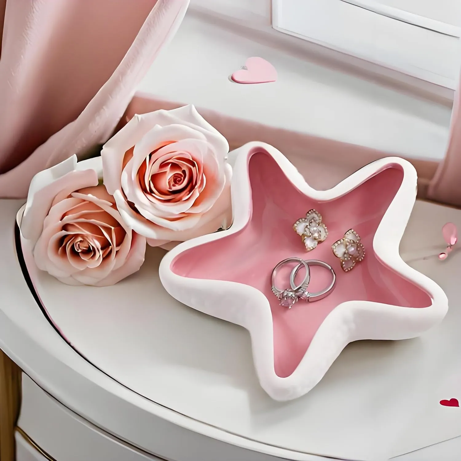 Starfish Ceramic Jewelry Tray, Shell Trinket Dish, Ocean-themed Ring Holder Dish Decorative Plate for Earrings Necklaces Bracelet Watch Key, Coastal Beach Pink Decor